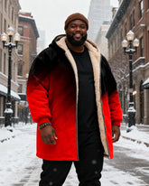 Big & Tall Men's Black And Red Gradient Printed Velvet Padded Long Hooded Coat